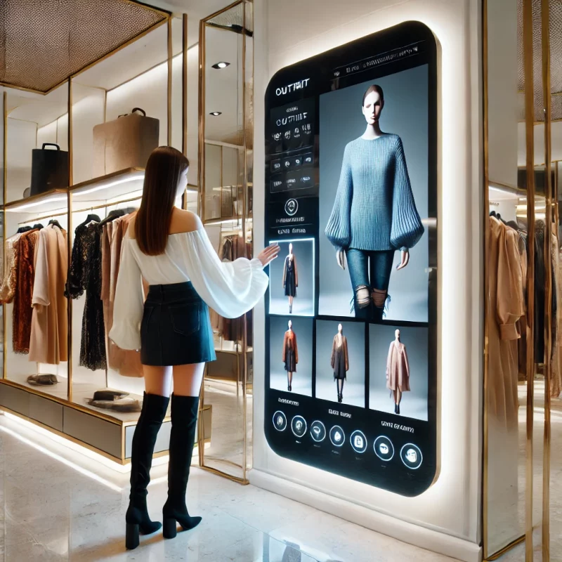 Smart mirror technology brings runway fashion into the retail experience." Alt Text: "High-tech smart mirror in a fashion store displaying clothing options