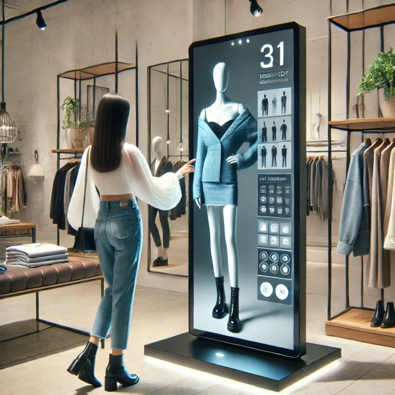 Fashionable woman in a clothing store using a smart mirror for personalized outfit suggestions.