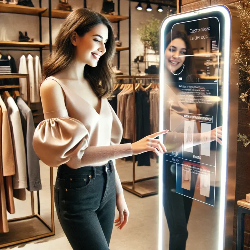 Fashionable woman in a clothing store using a smart mirror for personalized outfit suggestions.