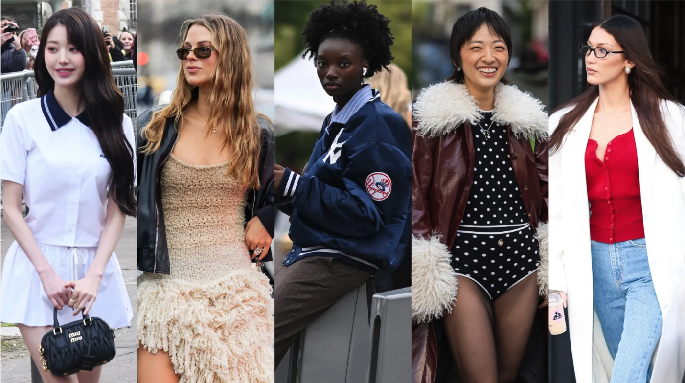 Street style inspiration 2025 – tenniscore mini dress, textured knit dress, varsity bomber jacket, retro polka-dot ensemble, and chic red-and-white layering.