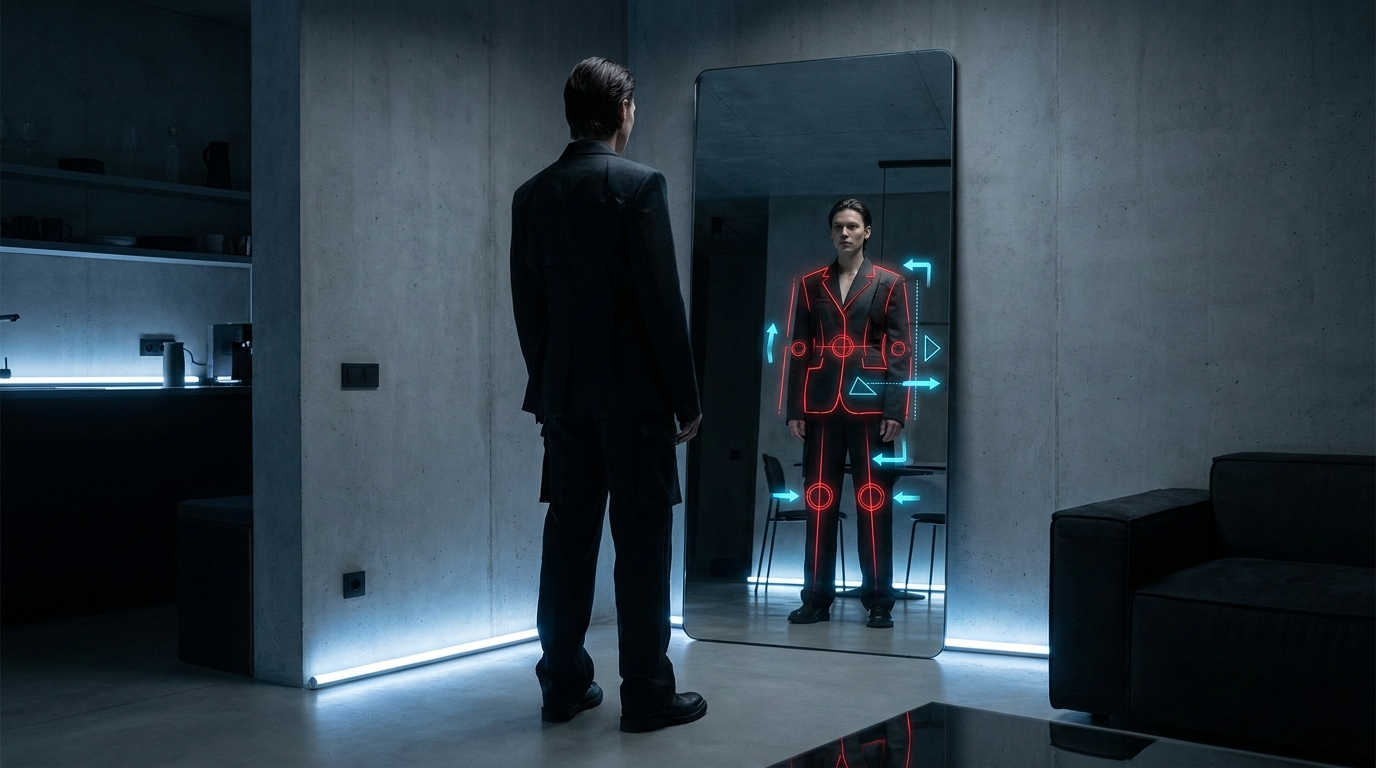 AI smart mirror highlighting outfit mistakes with correction suggestions in a dark modern interior