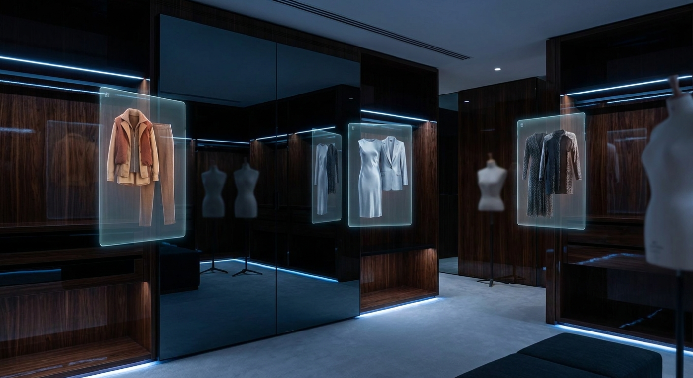 AI smart mirror showing holographic outfit suggestion cards for different occasions in a dark sophisticated room