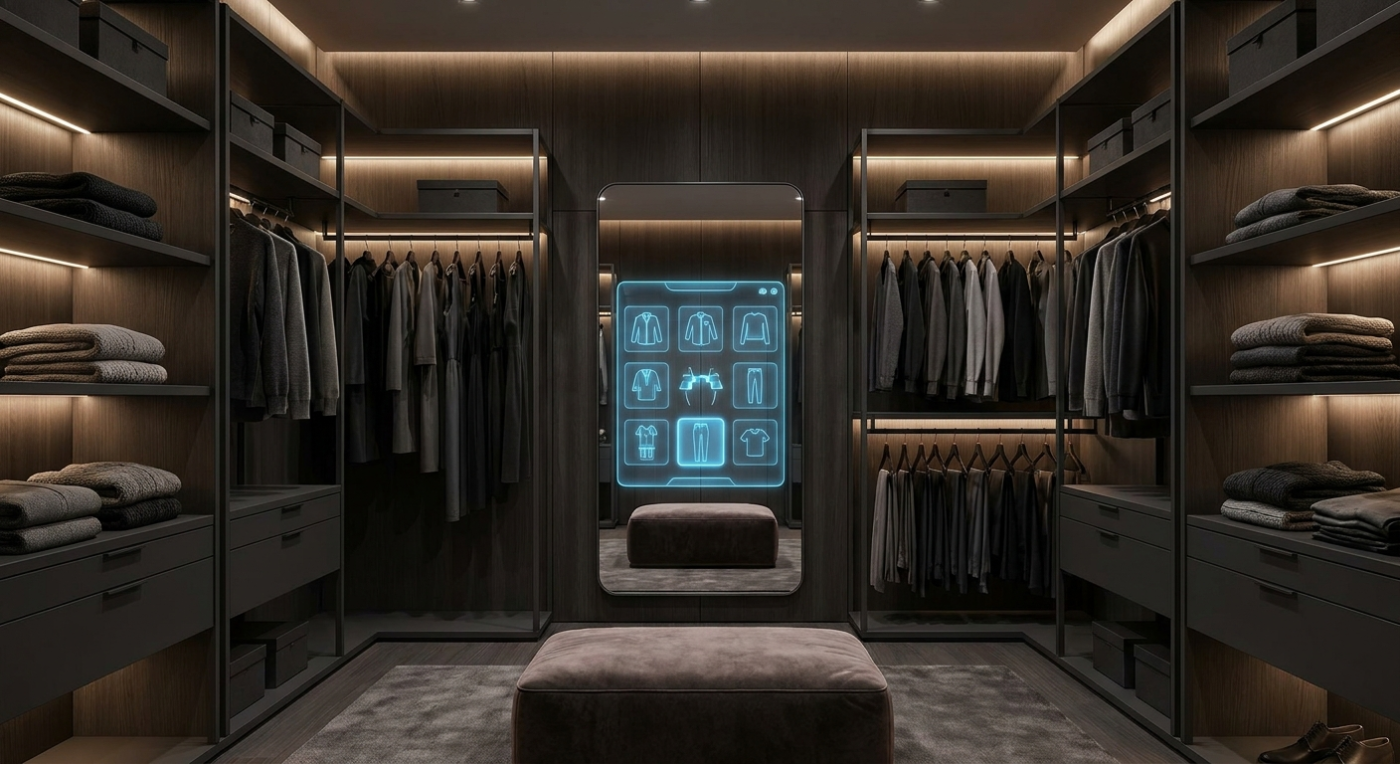 AI smart mirror in a luxury walk-in wardrobe displaying a holographic wardrobe management interface with blue glow