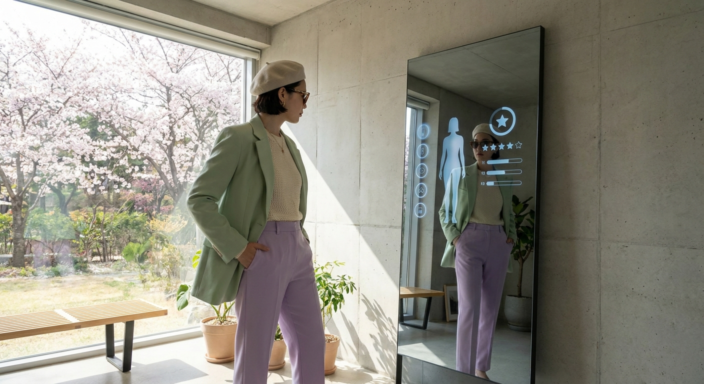 Person wearing a fresh spring pastel outfit in front of an AI smart mirror showing an outfit rating overlay in a modern space