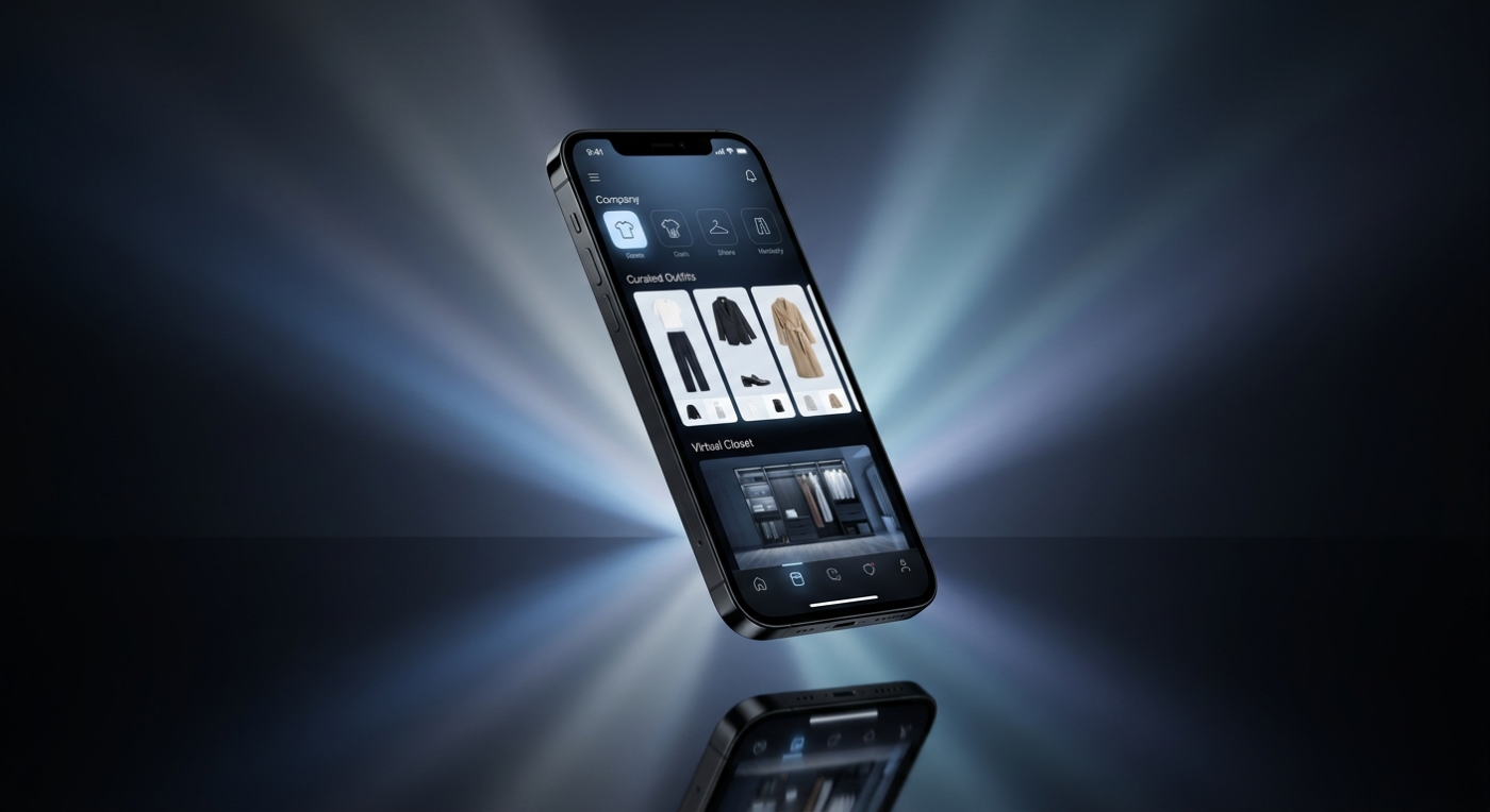 Sleek smartphone displaying the Magic Mirror AI fashion app interface floating above a dark reflective surface with blue light rays
