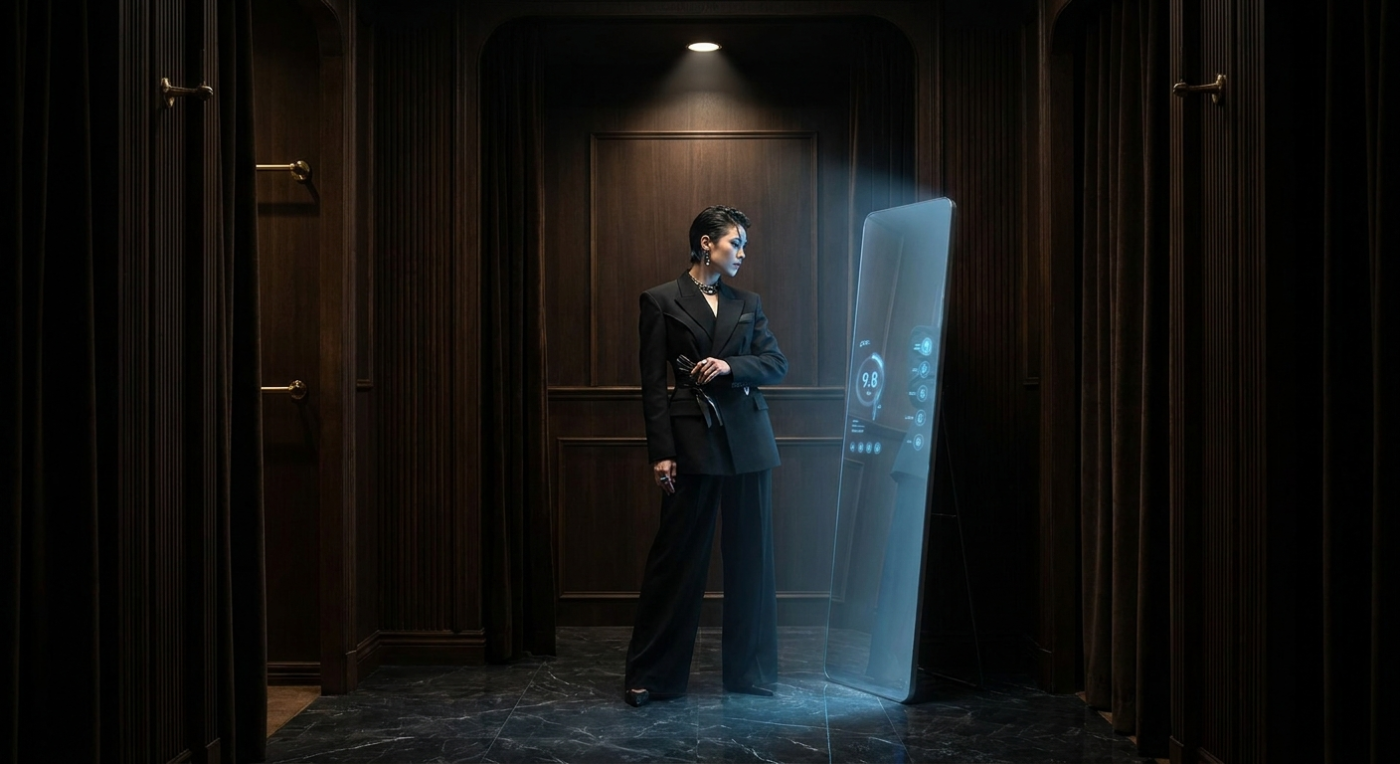 Confident person in an elevated outfit before a tall AI smart mirror showing style score and recommendations in a dark luxurious dressing room