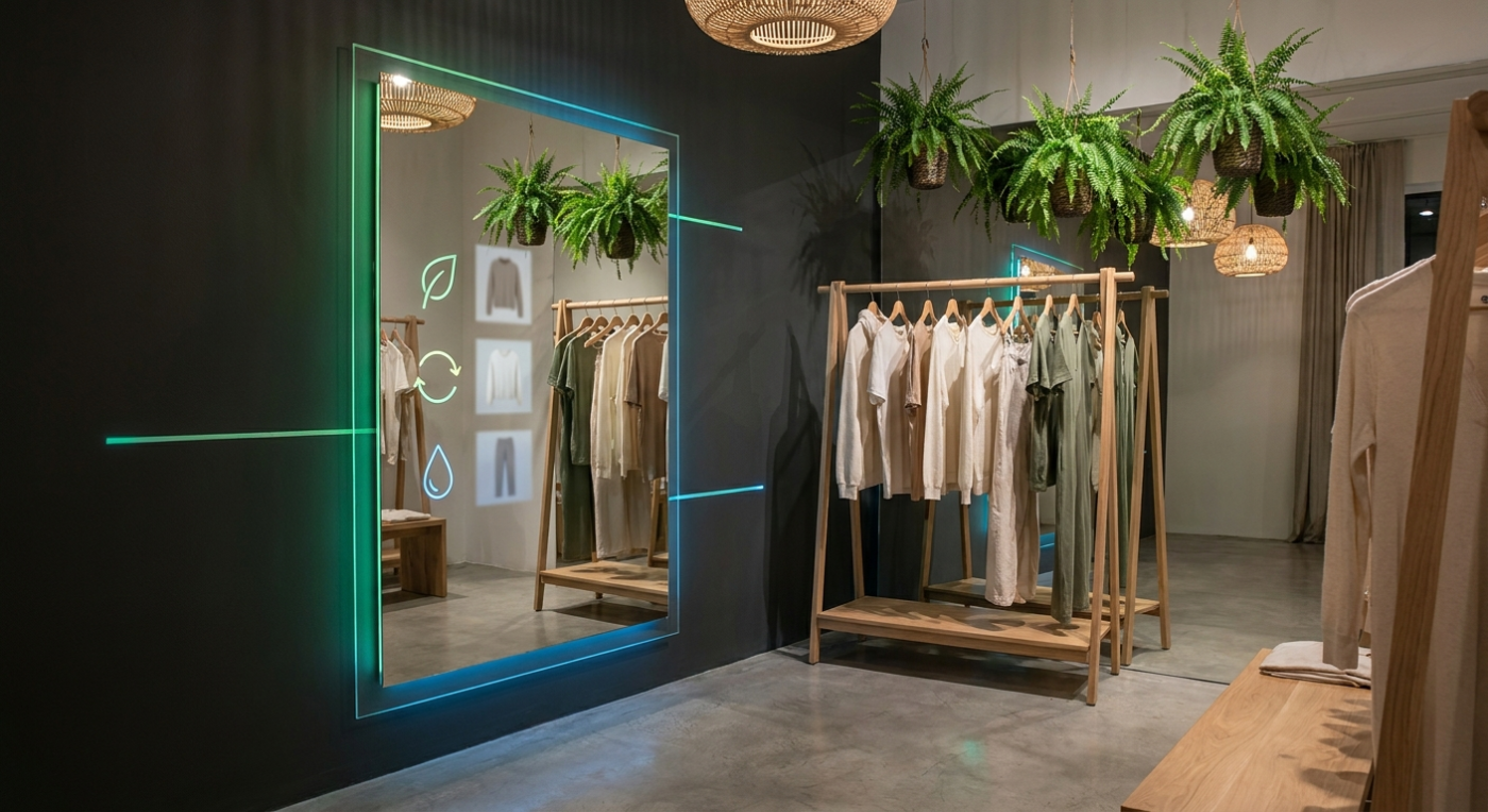 AI smart mirror in an eco-conscious modern space displaying sustainable wardrobe analysis with green and blue holographic accents