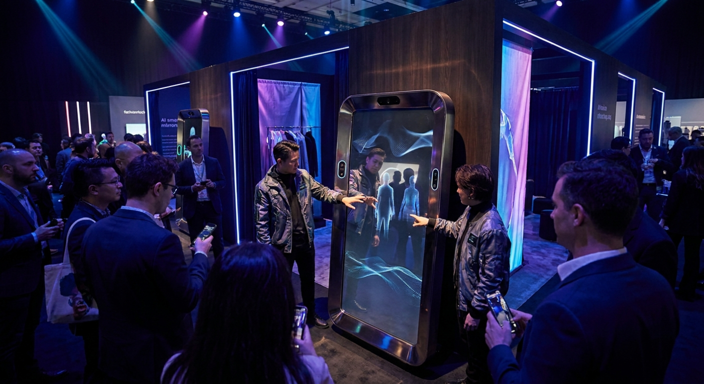AI smart mirror installation at a modern fashion technology exhibition with visitors interacting and dramatic blue-purple event lighting