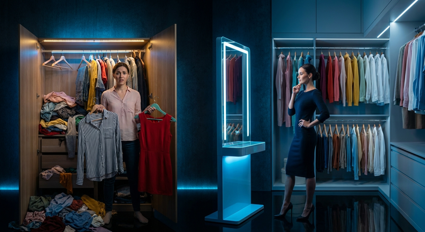 Before and after scene split by a luminous AI smart mirror showing cluttered wardrobe transformed into a perfectly curated collection
