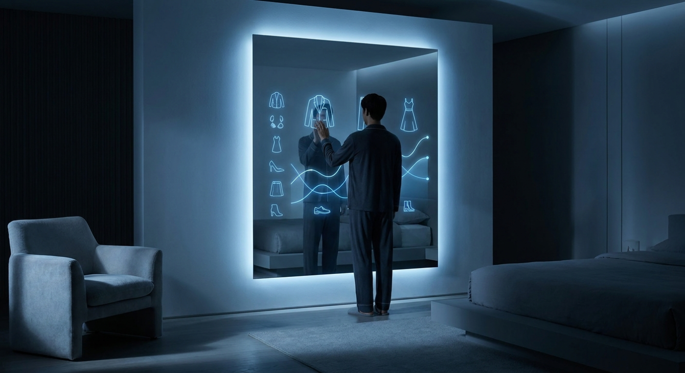 Person touching a frameless AI smart mirror that responds with glowing blue outfit suggestions and style data visualisation in a dark contemporary bedroom