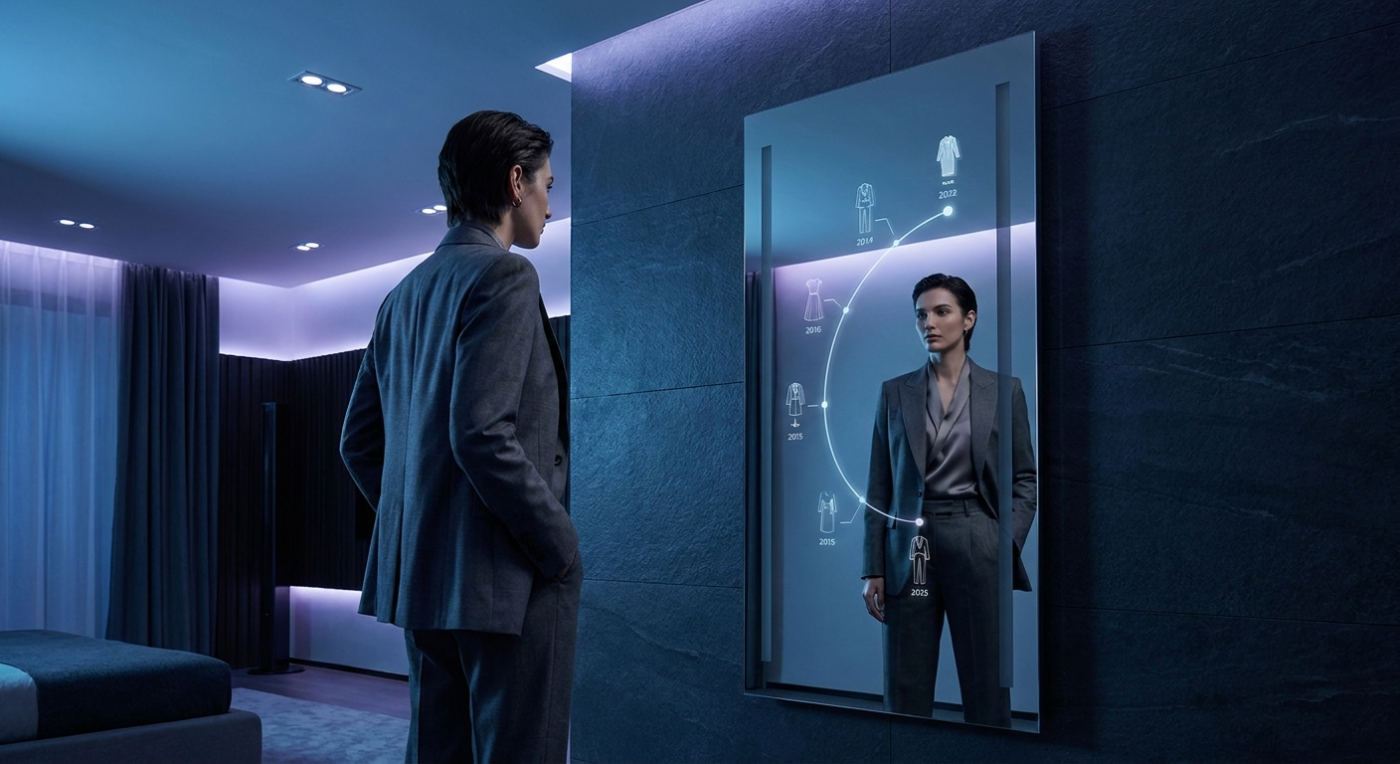 Full-length AI smart mirror on a dark wall showing a holographic style evolution timeline while a person admires their perfectly styled outfit