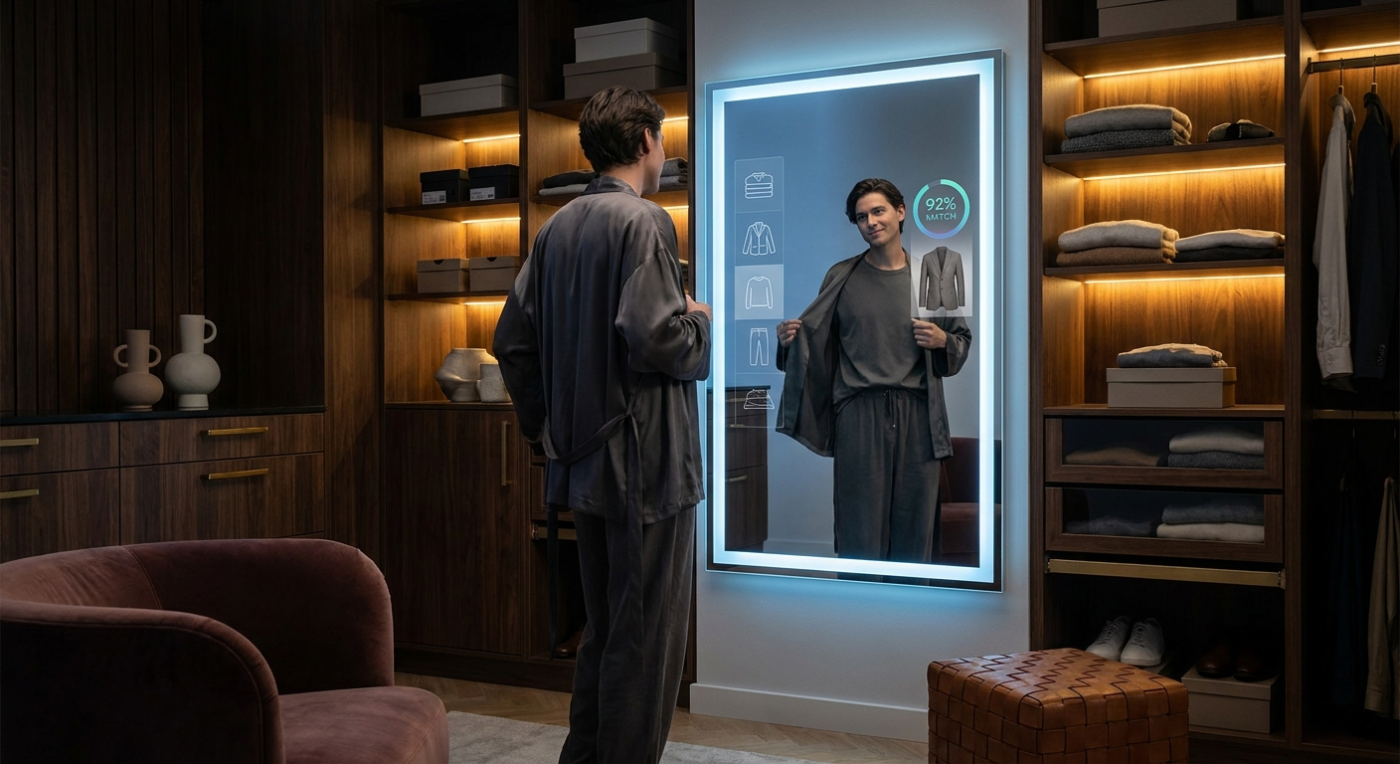 Relaxed confident person getting dressed with the help of an AI smart mirror showing curated outfit selections with match percentages in a luxurious dark dressing room
