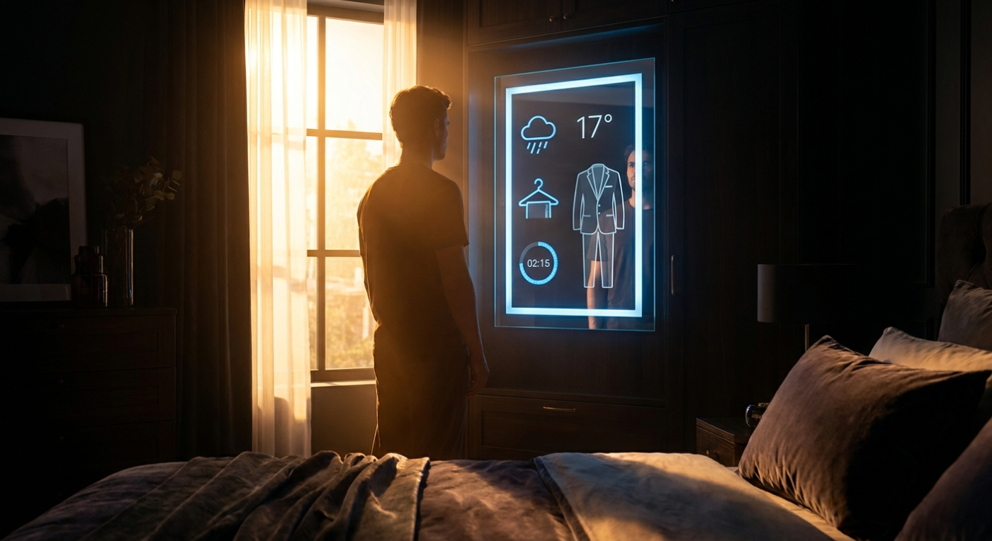 Person standing before an illuminated AI smart mirror in their bedroom showing weather forecast and outfit suggestion with morning light mixing with blue interface glow